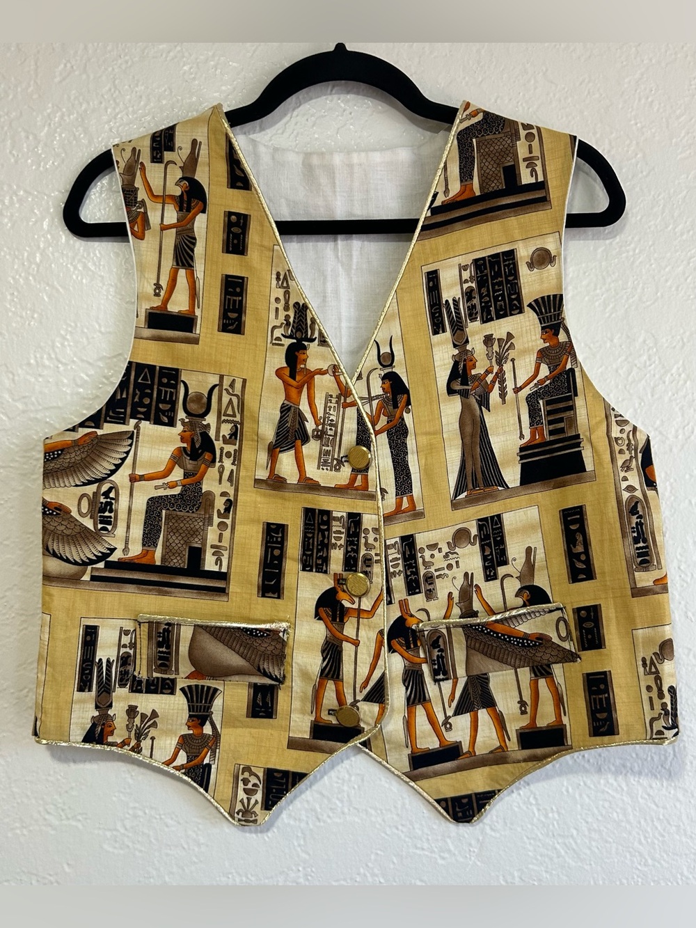 Egyptian Hieroglyph Print Vest in Beige and Black